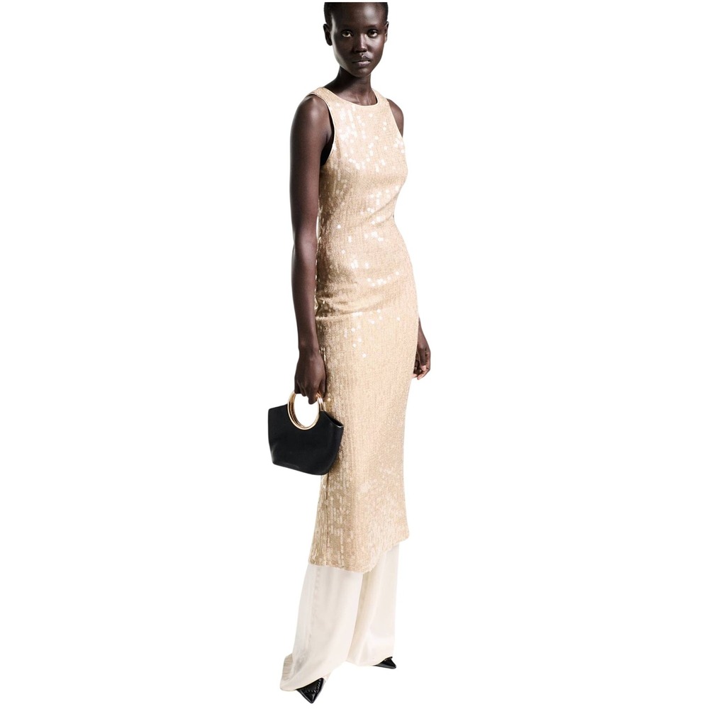 Mango Scoop Back Sequin Midi‎ Dress Gold Size 8